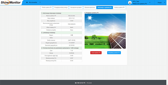 Shinemonitor - informacje o systemie PV